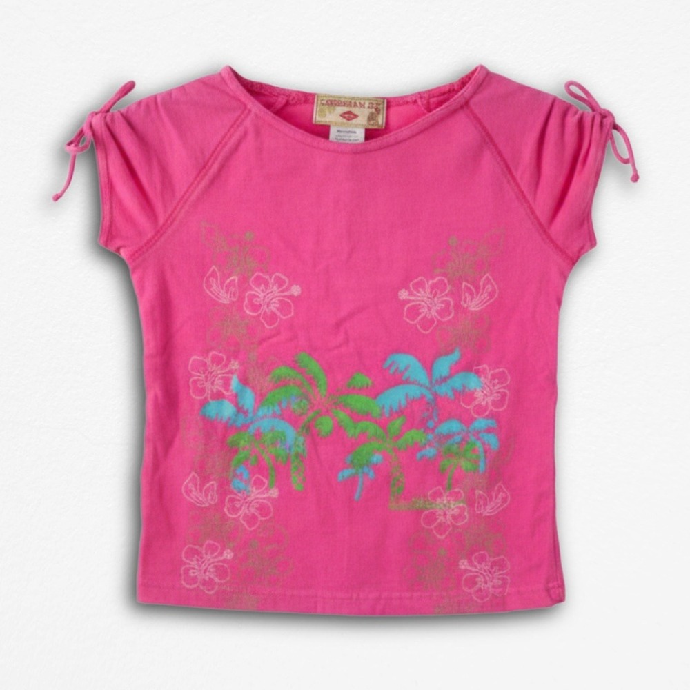 Caribbean Joe Pink Palm Tree Hibiscus Graphic Tee Cinched Tie Shoulder Top Small